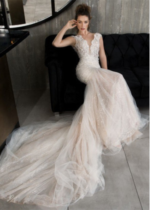Cap Sleeves Beaded Lace Tulle Wedding Dress